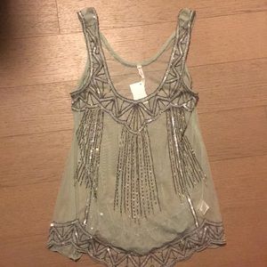 NWT Willow & Clay Sheer Beaded Celadon Top